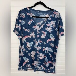 Lucky Brand women’s blue floral v-neck Hawaiian print burnout tee. Size large.